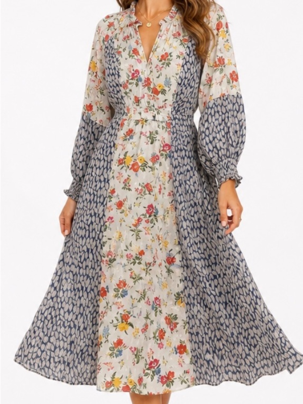 Anthropologie Current Air Floral Patchwork Madi Dress in Cream & Blue